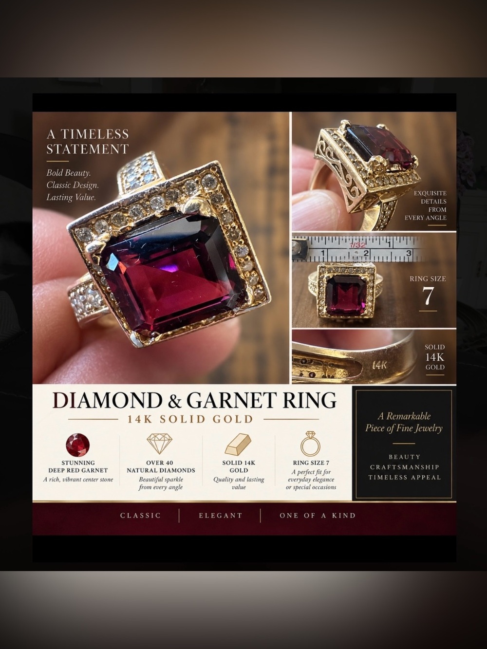 14K Gold Diamond & Garnet Ring - Deep Red Garnet